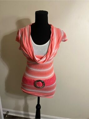 Deb Coral and White Striped Cowl Neck Top with Braided Loop